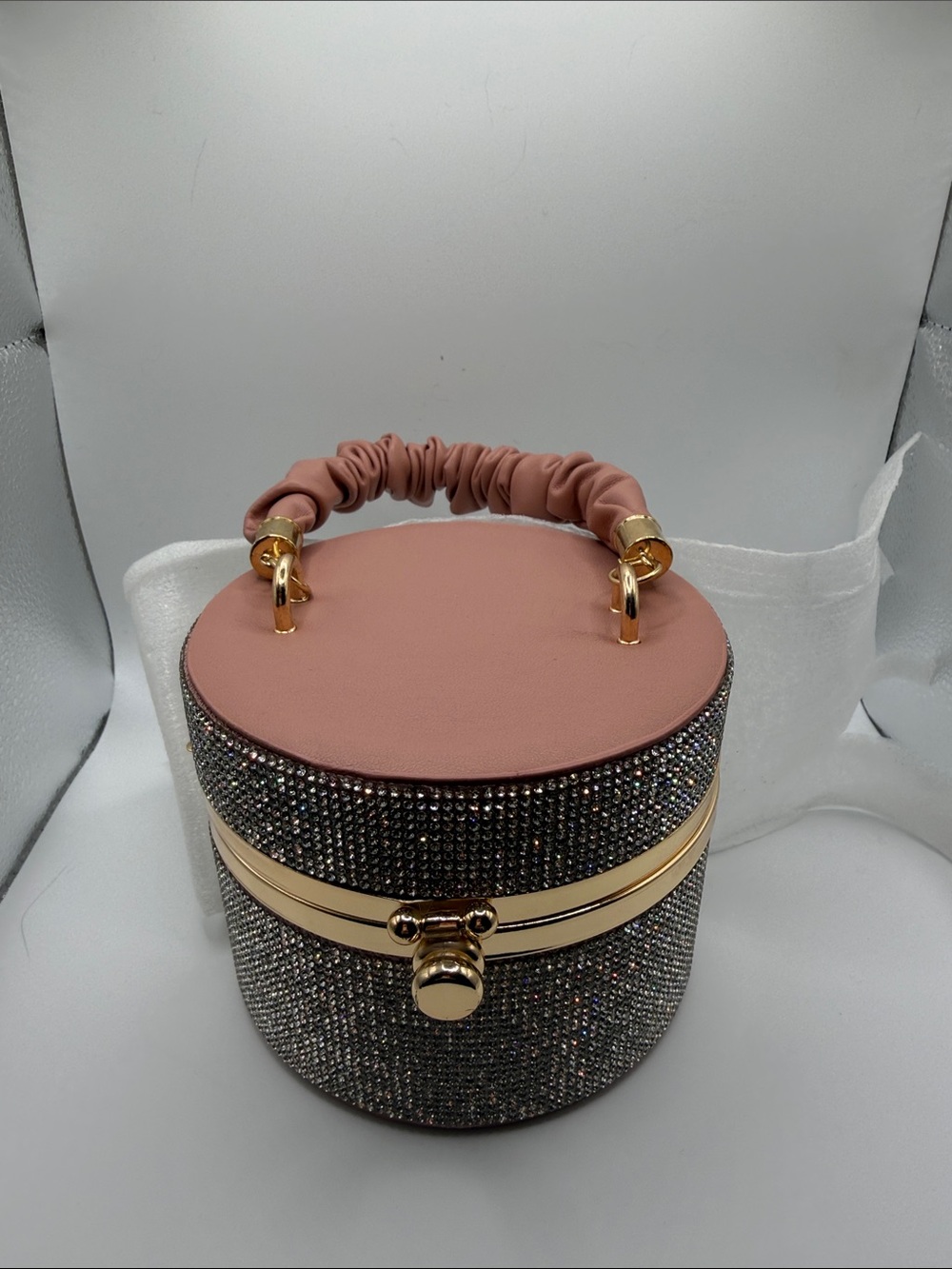 Round Rhinestone Box Handbag in Blush Pink